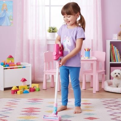 fillette joue avec aspirateur enfant dans chambre