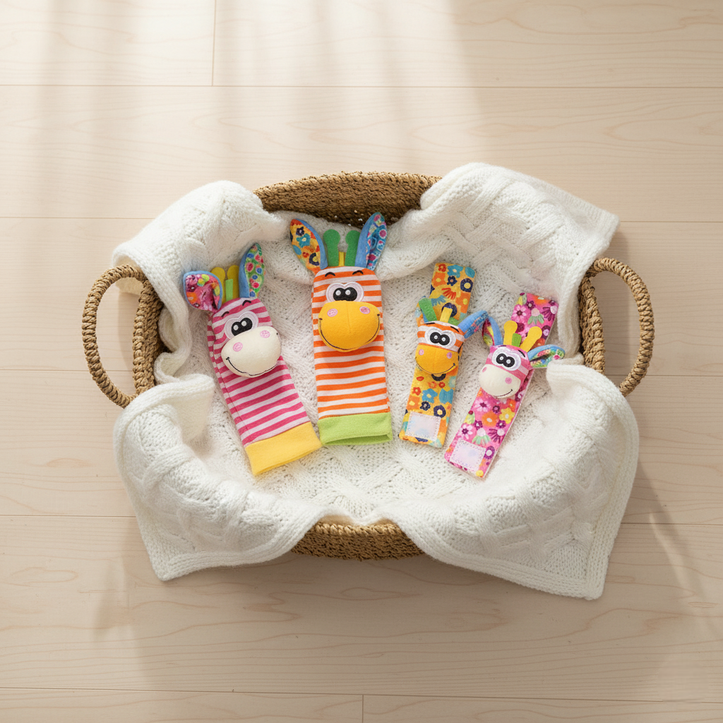 hochet bébé rose orange chaussettes dans panier