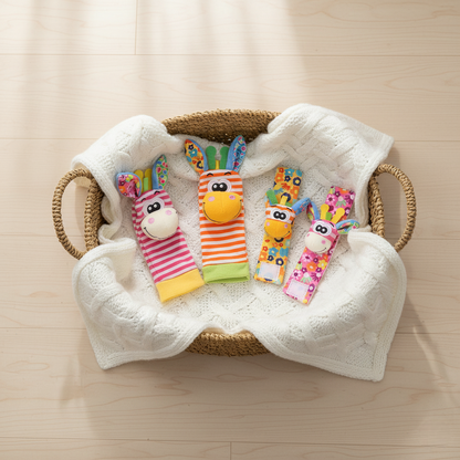 hochet bébé rose orange chaussettes dans panier