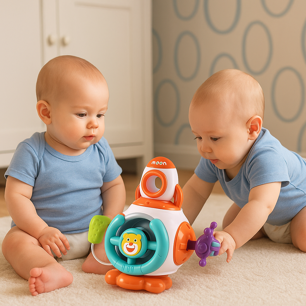 jumeaux jouent cube d'activité bébé fusée interactive