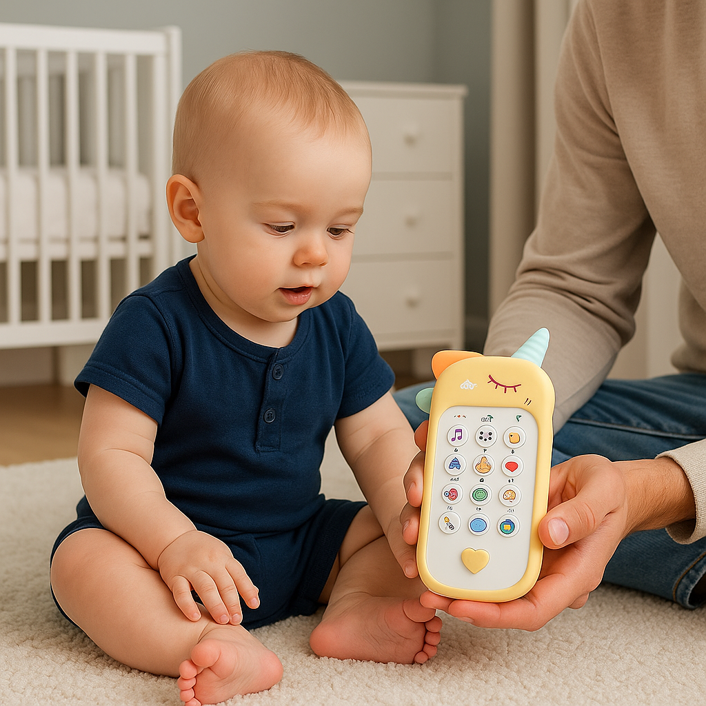 maman tient telephone bebe licorne jaune nourrisson regarde