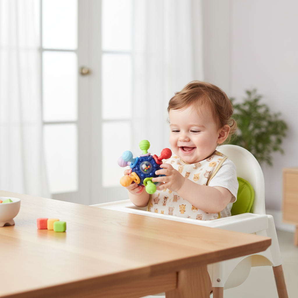 nourrisson assis chaise haute joue hochet bébé