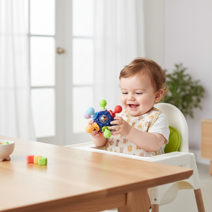 nourrisson assis chaise haute joue hochet bébé