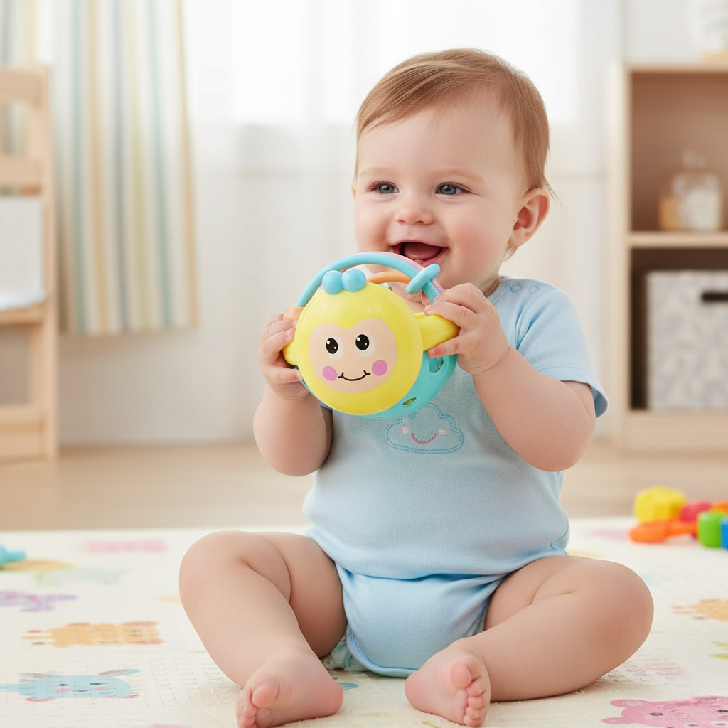 nourrisson assis tapis jeu avec hochet bebe
