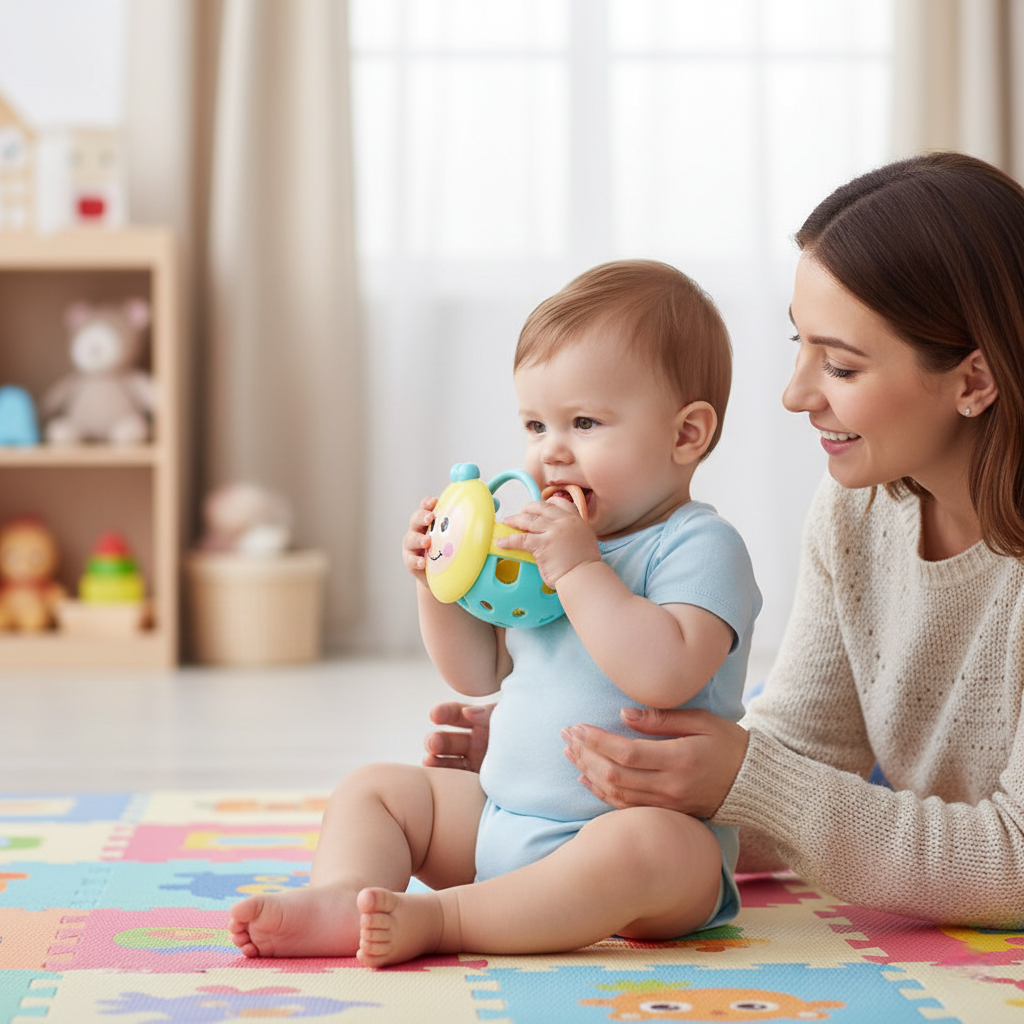nourrisson avec maman joue balle hochet bebe