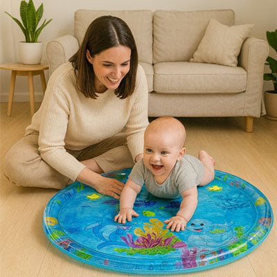 nourrisson heureux joue tapis d'eau bébé avec maman