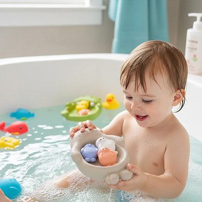 nourrisson joue avec jouet baignoire bebe phoque