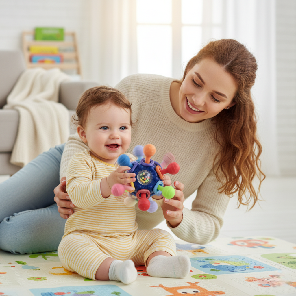 nourrisson joue hochet bébé avec maman