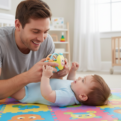 nourrisson joue hochet bebe forme balle avec papa