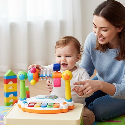 nourrisson joue piano bebe avec maman