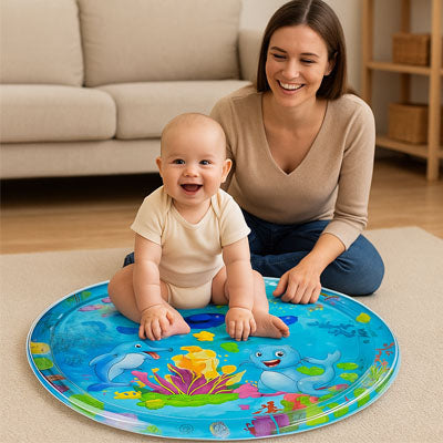 nourrisson joyeux assied tapis d'eau bébé avec maman