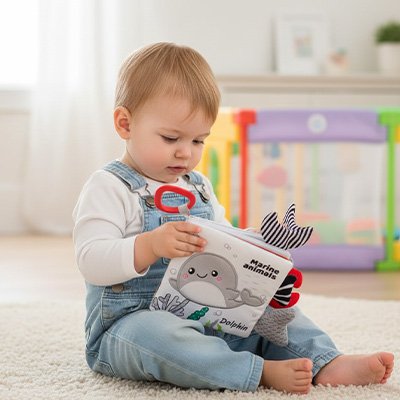 nourrisson regarde assis livre bebe en tissus marins