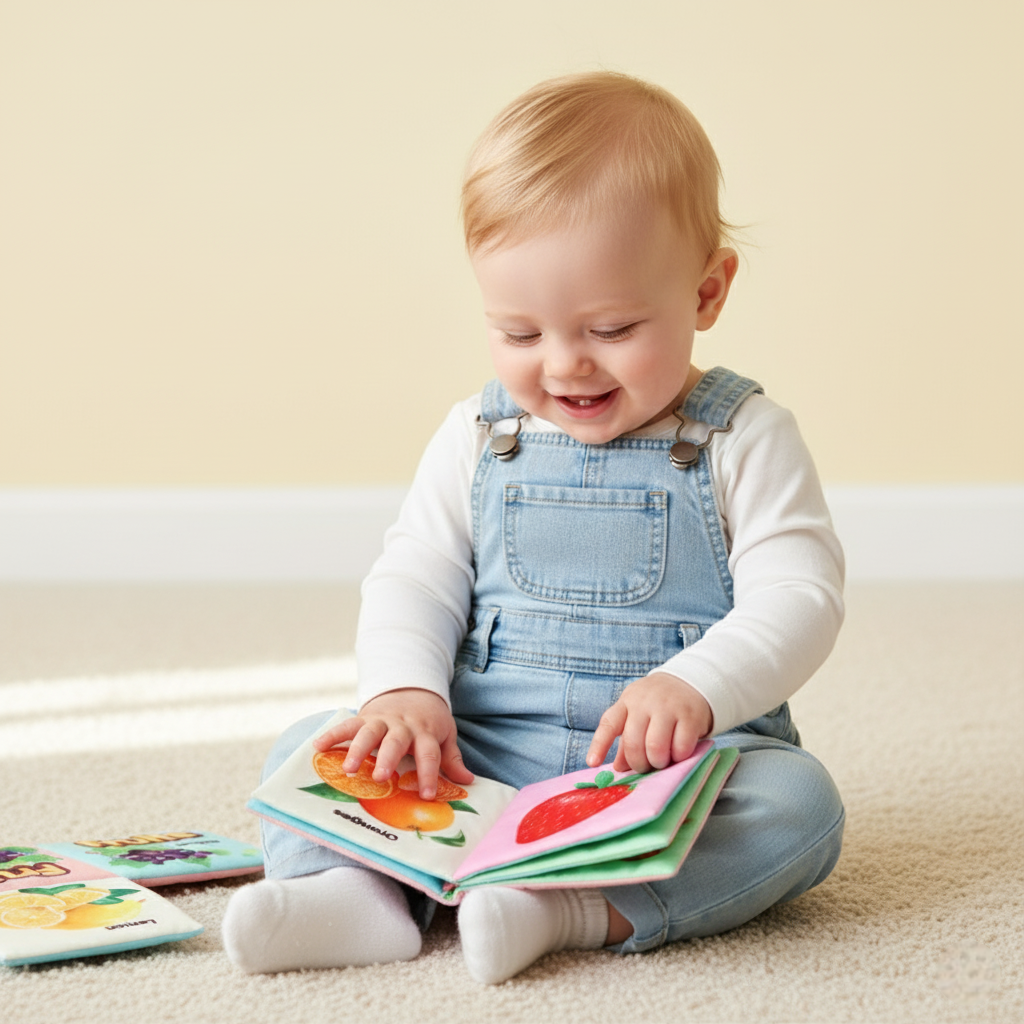 nourrisson regarde livre pour bebe en tissu douceur