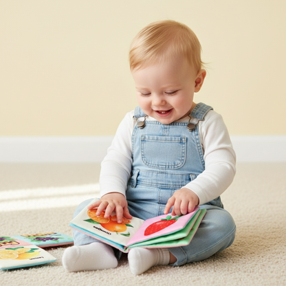 nourrisson regarde livre pour bebe en tissu douceur