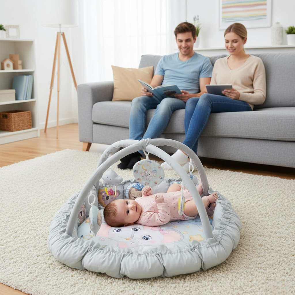 nourrisson tapis d'éveil bébé parents lisent canapé