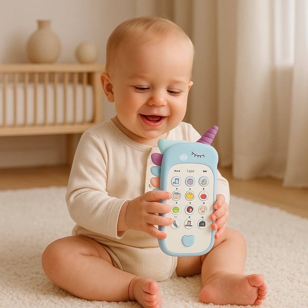 petit garçon joue telephone bebe licorne bleu