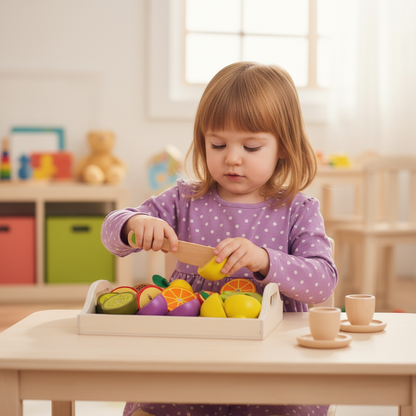 petite fille coupe fruits dinette en bois