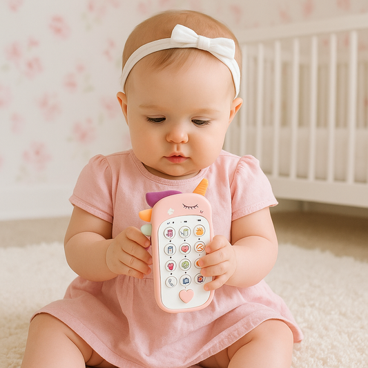 petite fille joue telephone bebe licorne rose