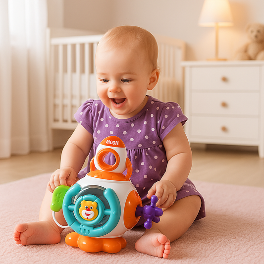 petite fille souriante joue cube d'activité bébé fusée