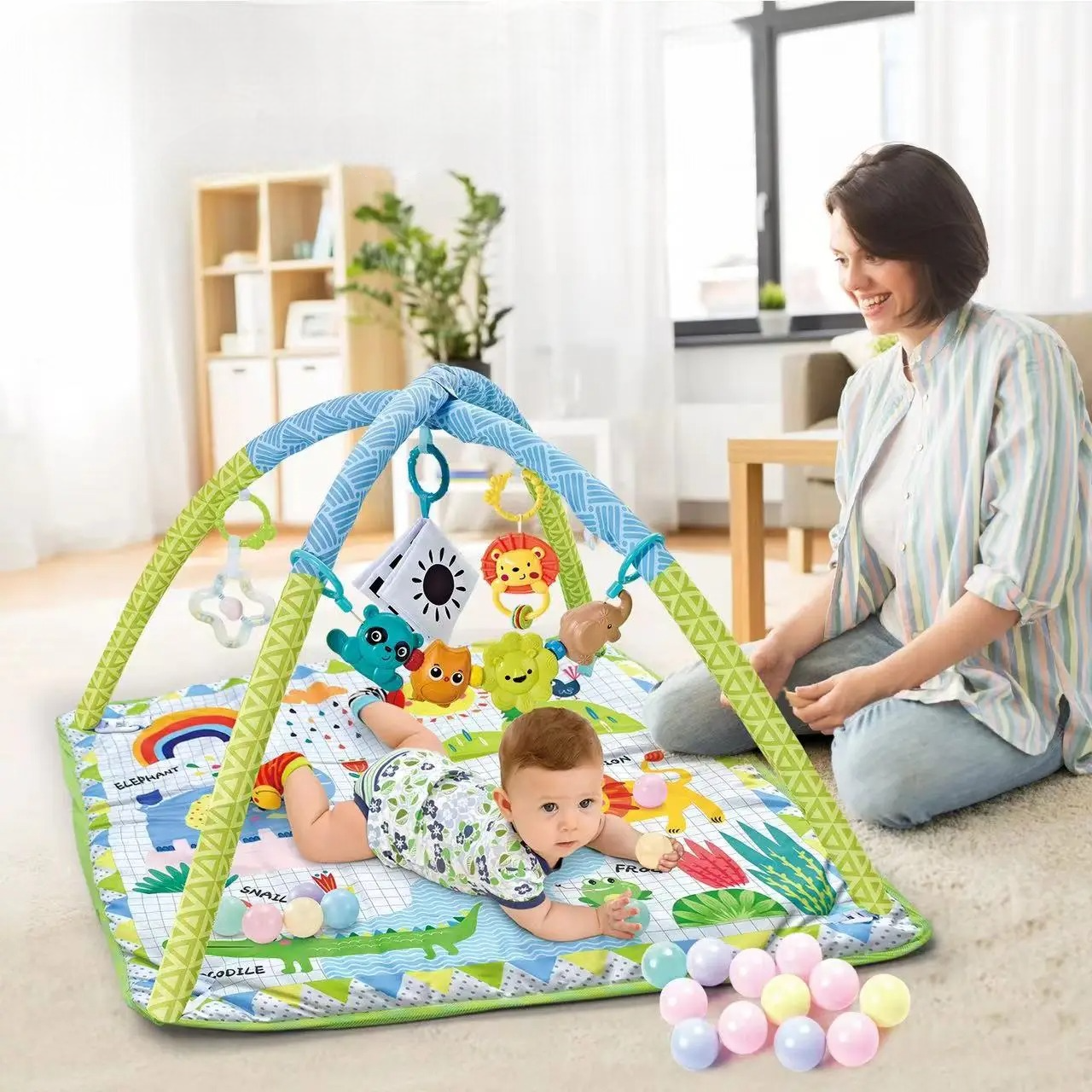 tapis d'éveil vert animaux avec arche
